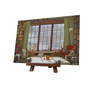 A puzzle-like painting of a room with Window Cats.