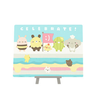 A Celebrate Puzzle Card-themed cake featuring adorable characters.