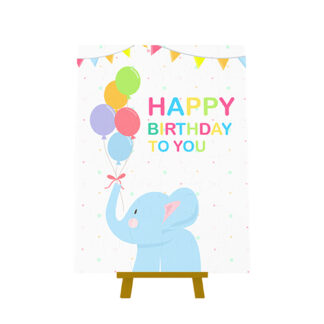 A playful birthday banner featuring an elephant holding balloons, creating the Make a Wish Puzzle Card for partygoers.
