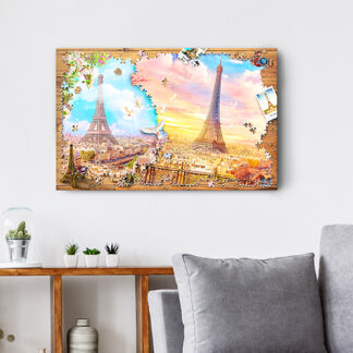 A puzzle-like painting of The Magnificent Eiffel Tower - Puzzle in Puzzle on a wall in a living room.