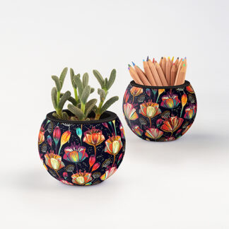 A vibrant Classic Ornamental Puzzle Flowerpot featuring two planters filled with pencils.