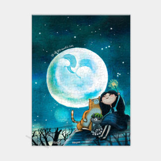 A Forever blue puzzle poster featuring a cat and a moon.